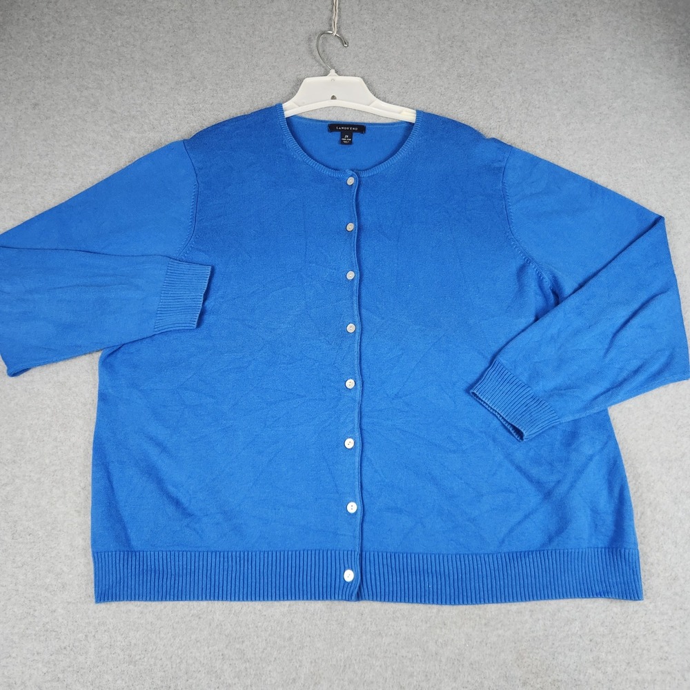 Lands End Cardigan Womens 2X Blue Supima Cotton Crew Neck Button Front Classic